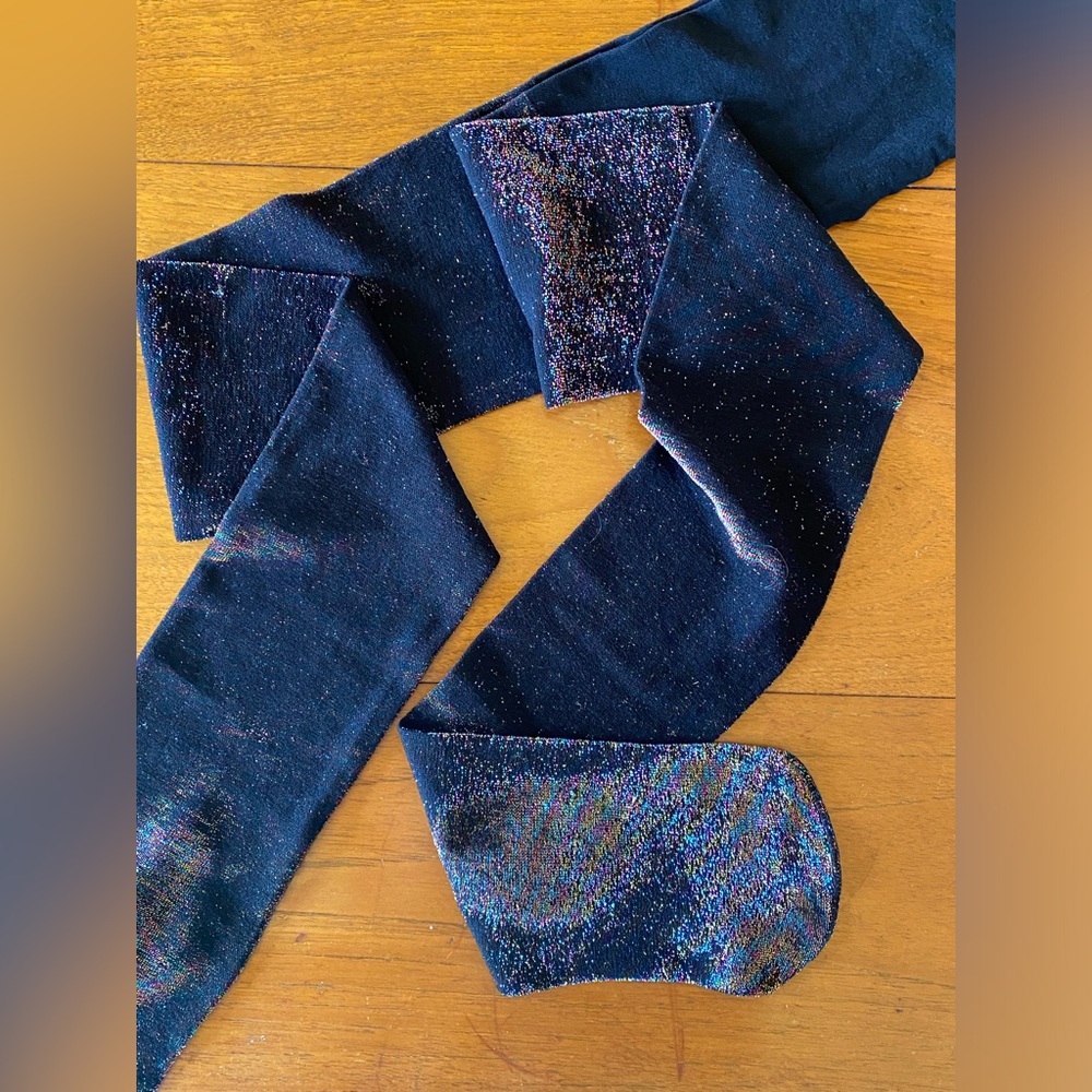 Sparkly rainbow on black tights, party tights, tinsel, worn once